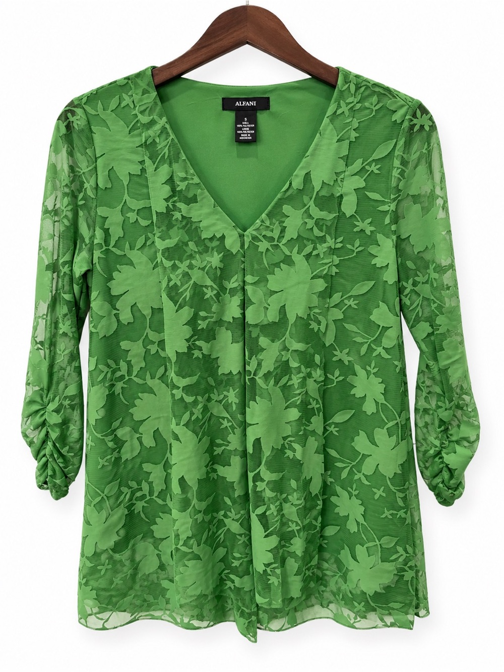 Alfani Green Floral V-Neck Semi-Sheer Blouse
